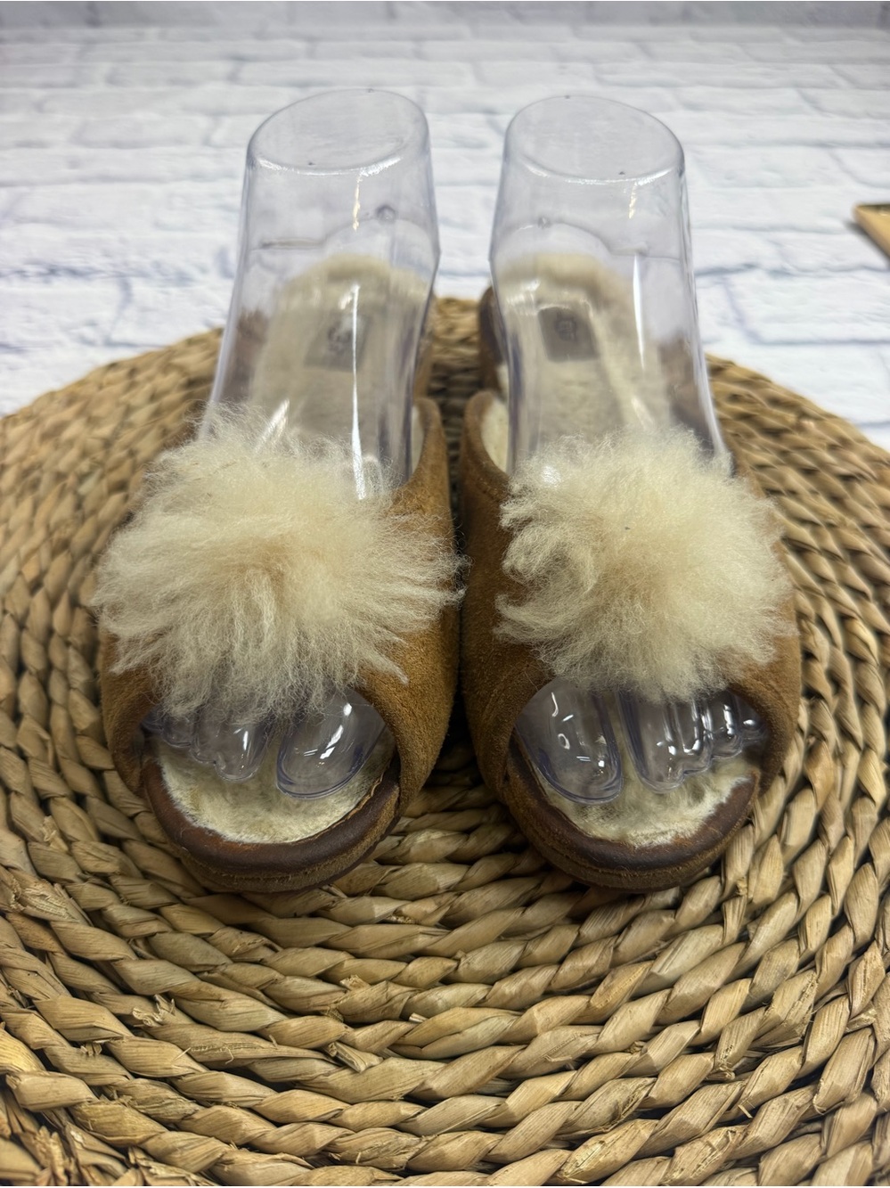 UGG Women’s Tan Suede Pom-Pom Slide Mules. Size 8.